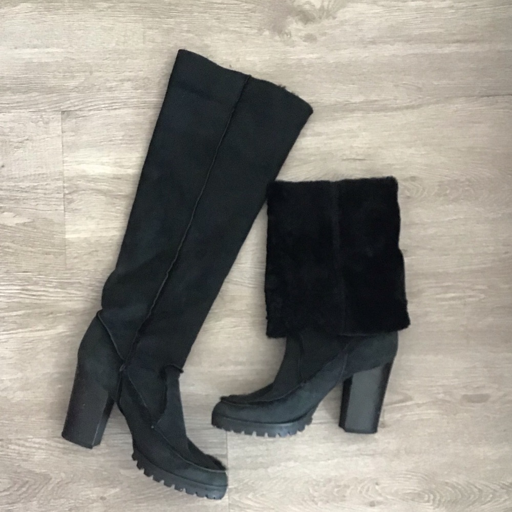 Fendi Black Suede Knee-High Platform Heeled Boots